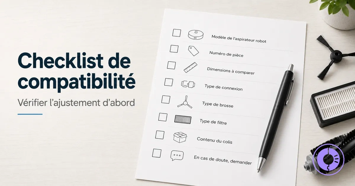 Checklist pour confirmer la compatibilité des pièces Roomba avant commande