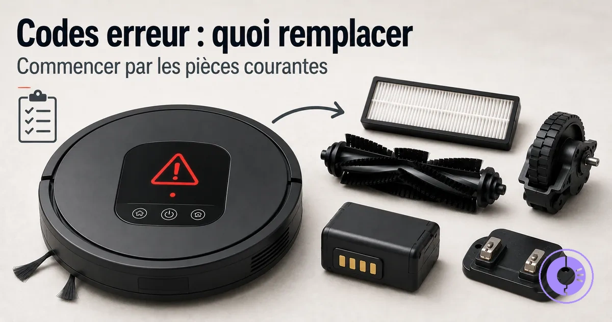 Écran d’erreur Roomba avec des pièces de rechange courantes pour résoudre les codes