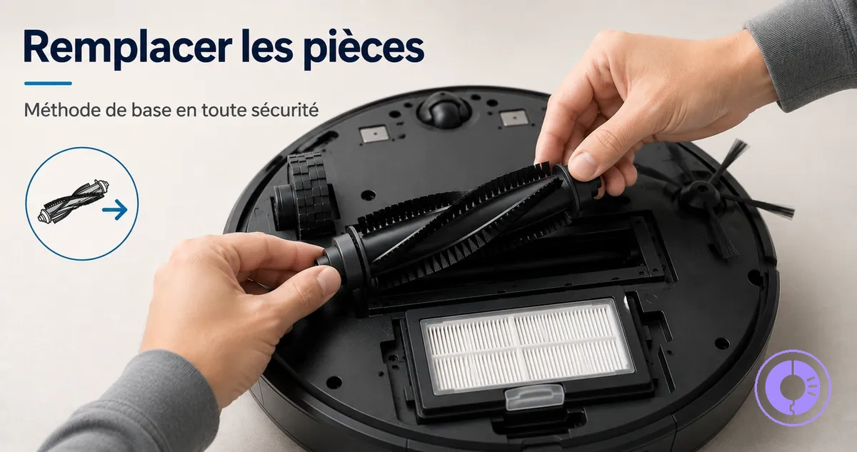 Mains remplaçant des pièces Roomba courantes lors d’un entretien de base
