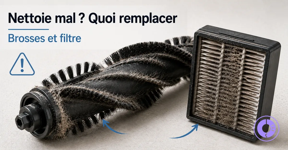 Brosses et filtre Roomba usés, pièces souvent à remplacer quand le nettoyage baisse