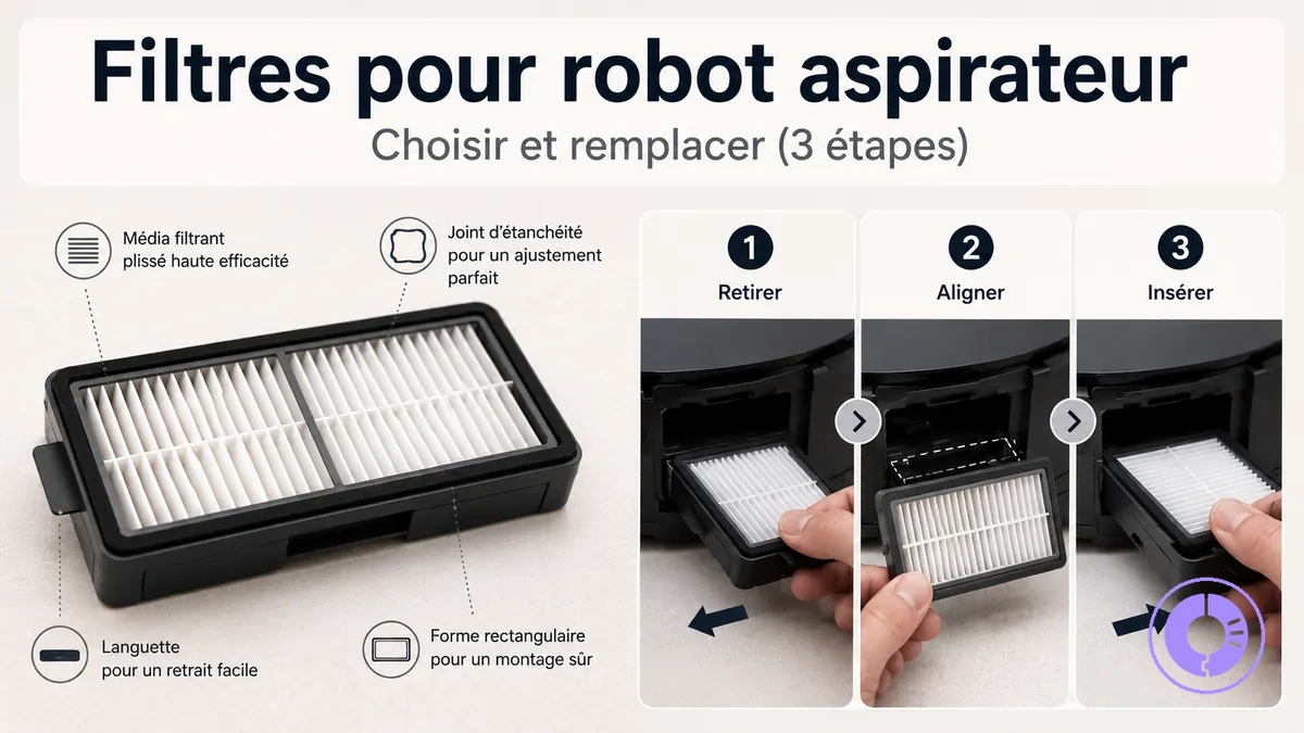 Filtre de rechange Roomba montré par forme, avec étapes de retrait et d’installation