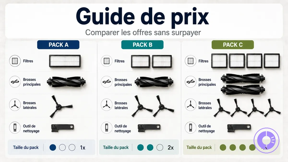 Comparaison de packs de pièces Roomba avec taille du pack et éléments inclus