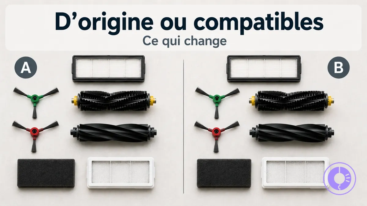 Deux ensembles de pièces Roomba côte à côte pour comparer originales et compatibles