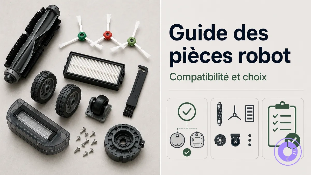Différentes pièces détachées Roomba regroupées pour les identifier et bien choisir