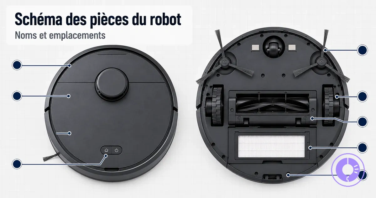 Schéma des pièces Roomba mettant en évidence les composants courants et leur emplacement