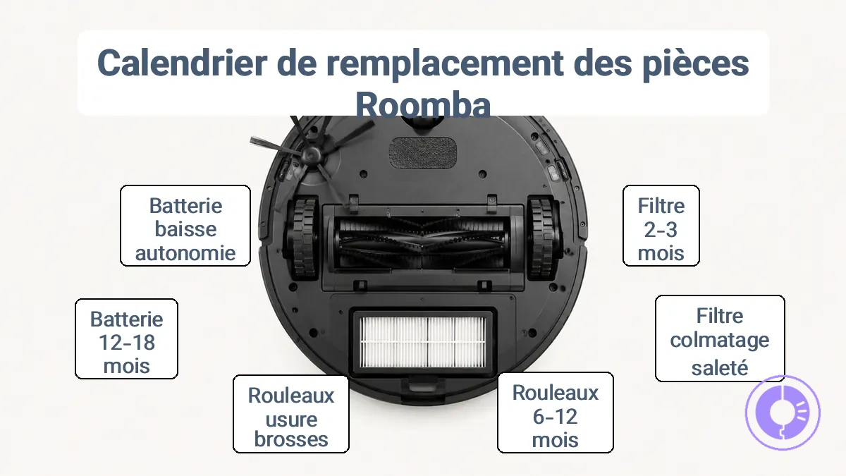 Pièces Roomba étiquetées référencées dans un calendrier de remplacement (filtre, rouleaux, brosse latérale, roues/roulette).