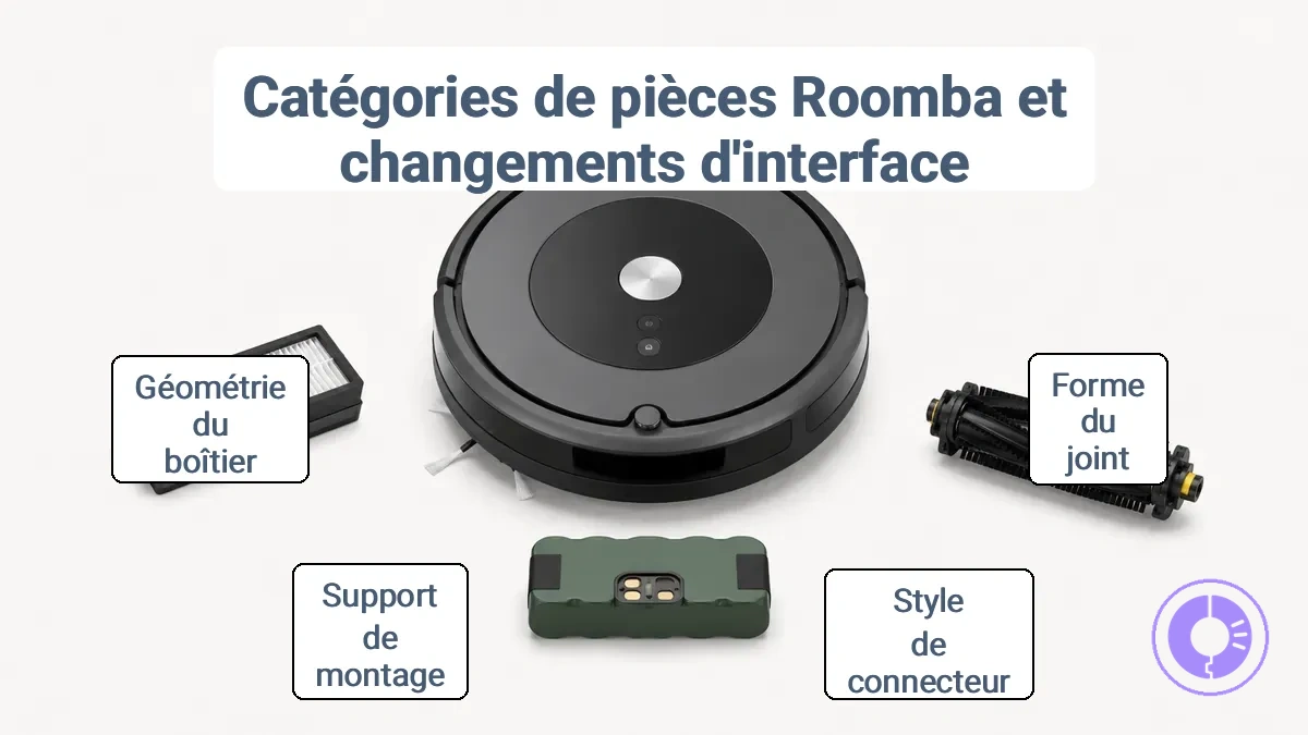 Catégories de pièces de rechange Roomba illustrant différentes interfaces de filtre, de brosse et de batterie