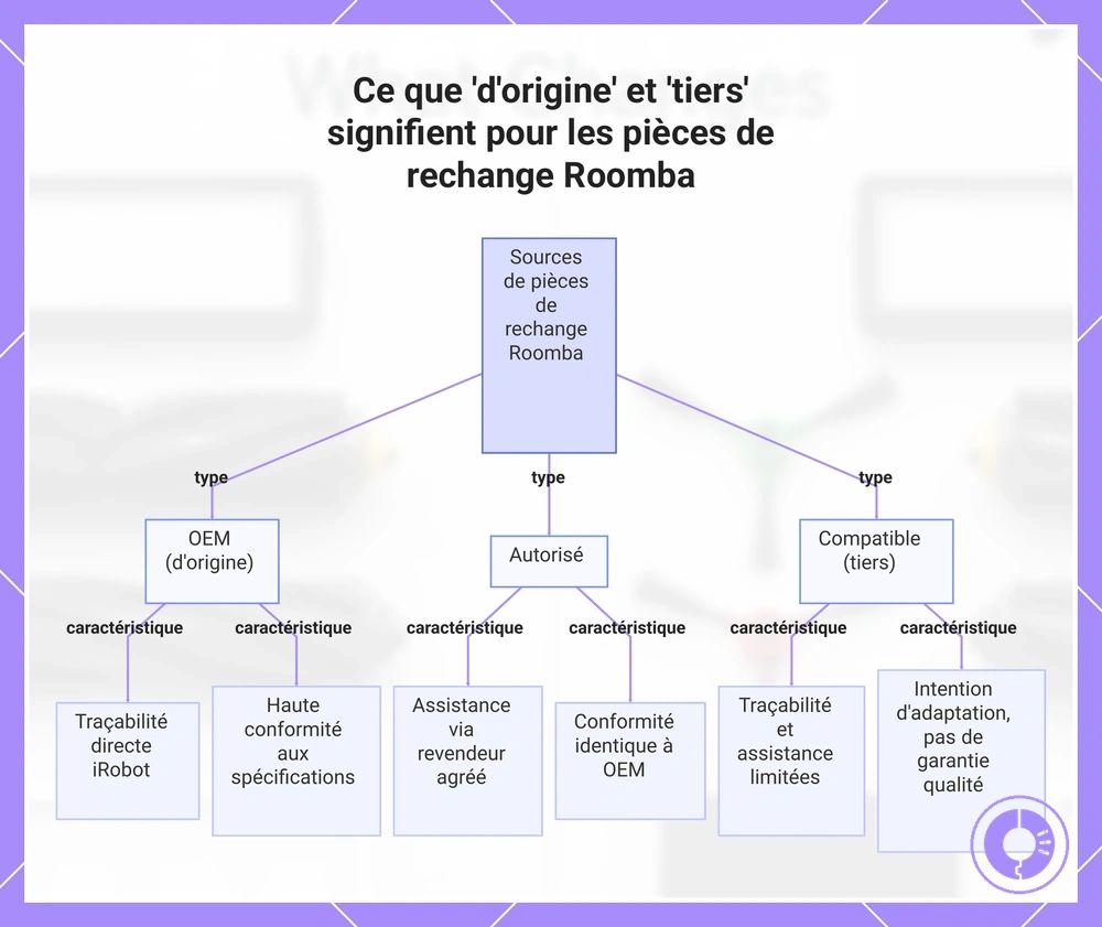 Ce que 'd'origine' et 'tiers' signifient pour les pièces de rechange Roomba