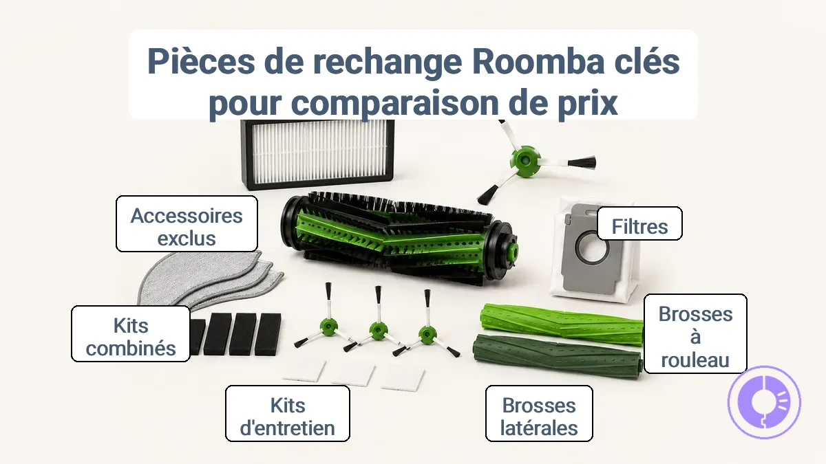 Image annotée présentant les catégories de pièces détachées Roomba utilisées pour la comparaison des prix.