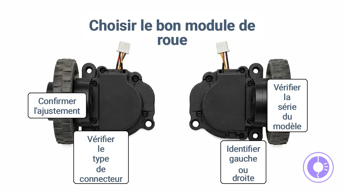 Orientation des modules de roue gauche et droit et emplacement du connecteur pour les robots Roomba.