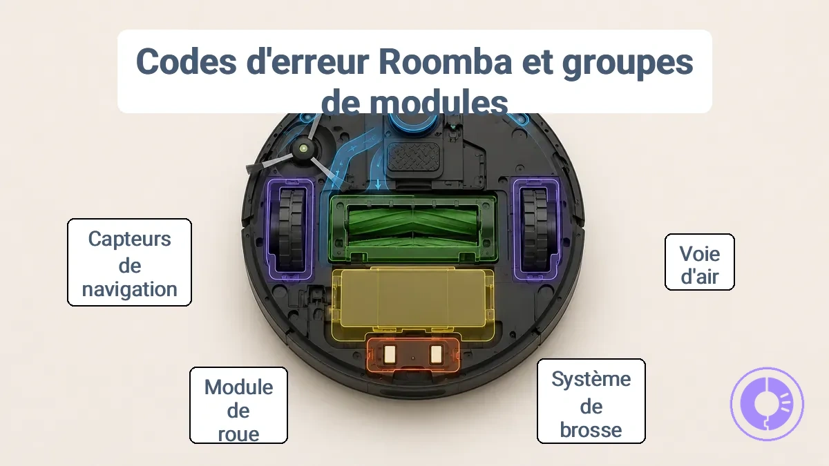 Schéma annoté Roomba indiquant les modules remplaçables liés aux signaux d'erreur courants.