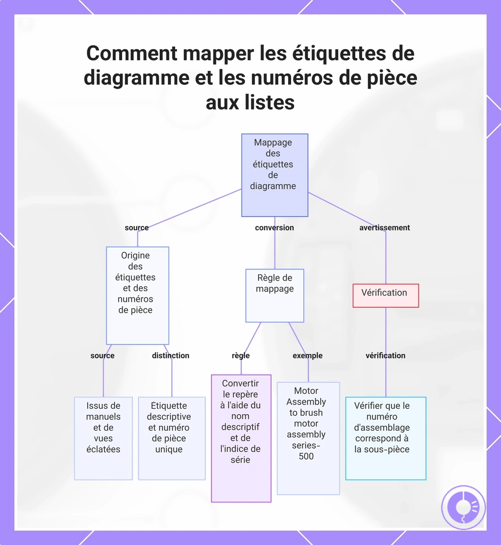Comment mapper les étiquettes de diagramme et les numéros de pièce aux listes
