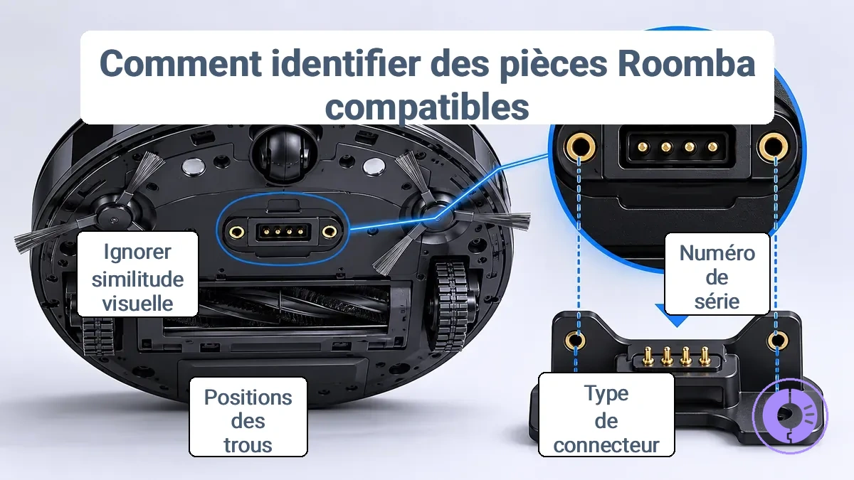 Emplacement de l'étiquette modèle/série Roomba et points d'ajustement clés à comparer pour la compatibilité des pièces de rechange