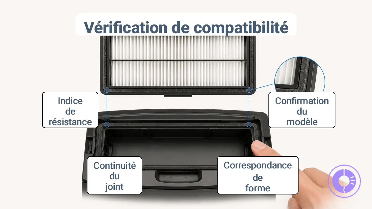 Schéma montrant la correspondance de forme du filtre Roomba, les points de contact et l'alignement du joint dans le logement.