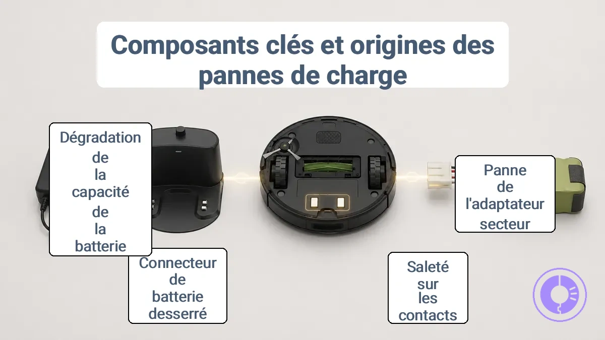 Composants annotés du système de charge Roomba : borne, contacts et connexion batterie.