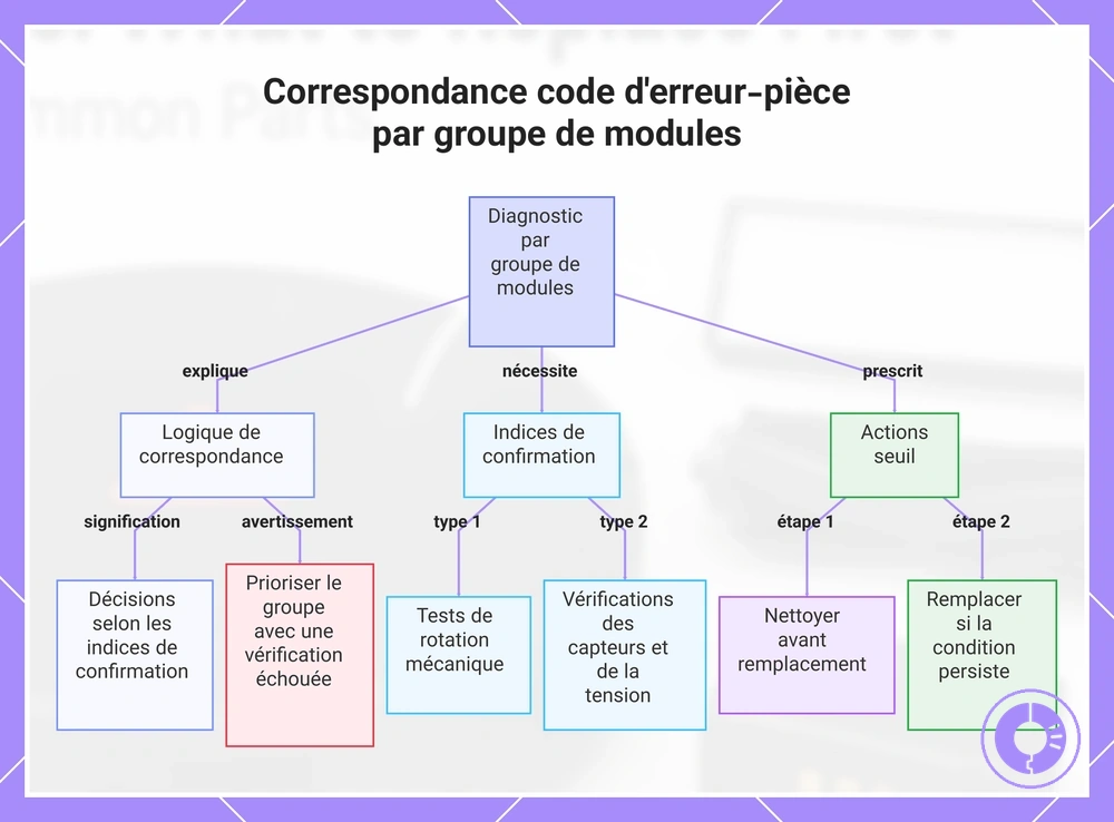 Correspondance code d'erreur-pièce par groupe de modules