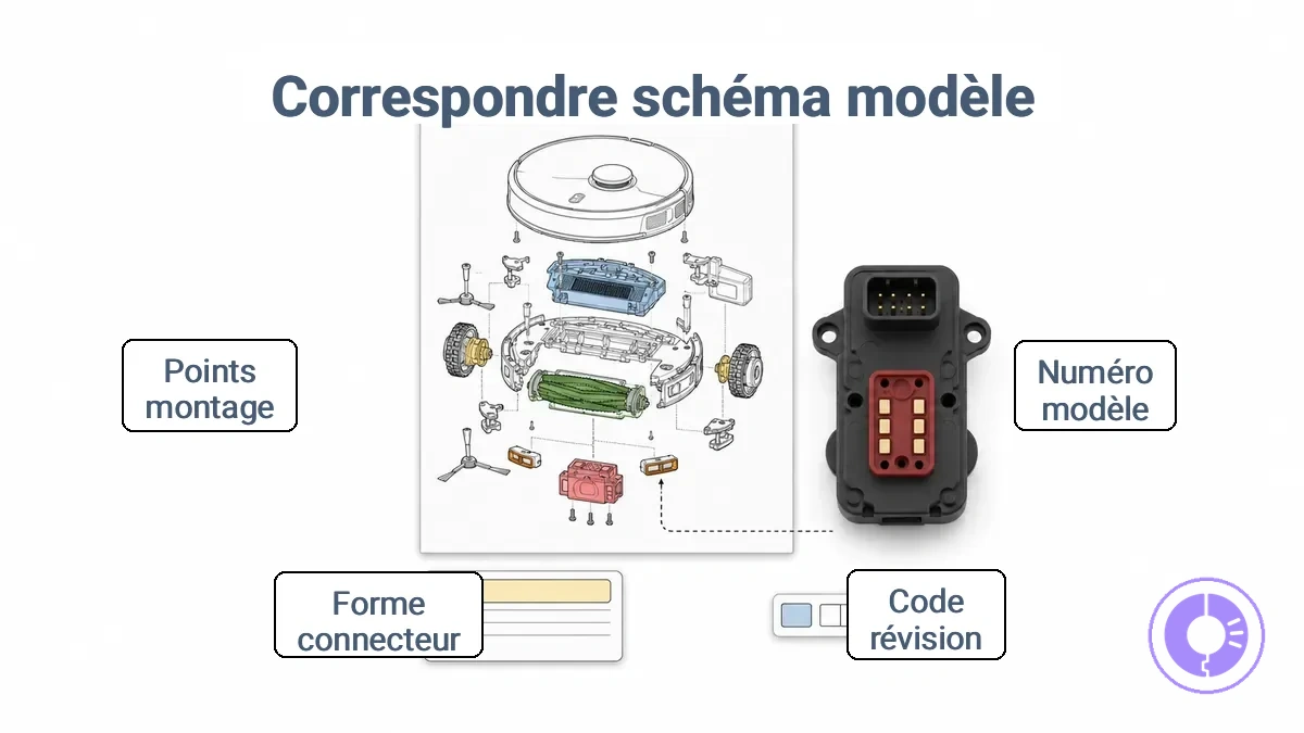 Zone d étiquette Roomba annotée et indices de forme de connecteur utilisés pour faire correspondre un schéma des pièces au modèle et à la révision corrects ; la révision varie selon le lot de production.