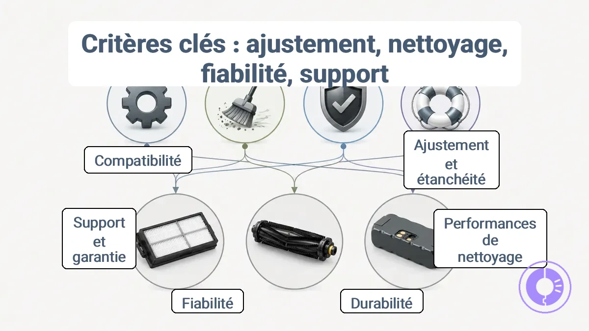 Diagramme reliant l’ajustement, les performances de nettoyage, la durabilité, la fiabilité et le support aux catégories filtre, brosse ou rouleau et batterie