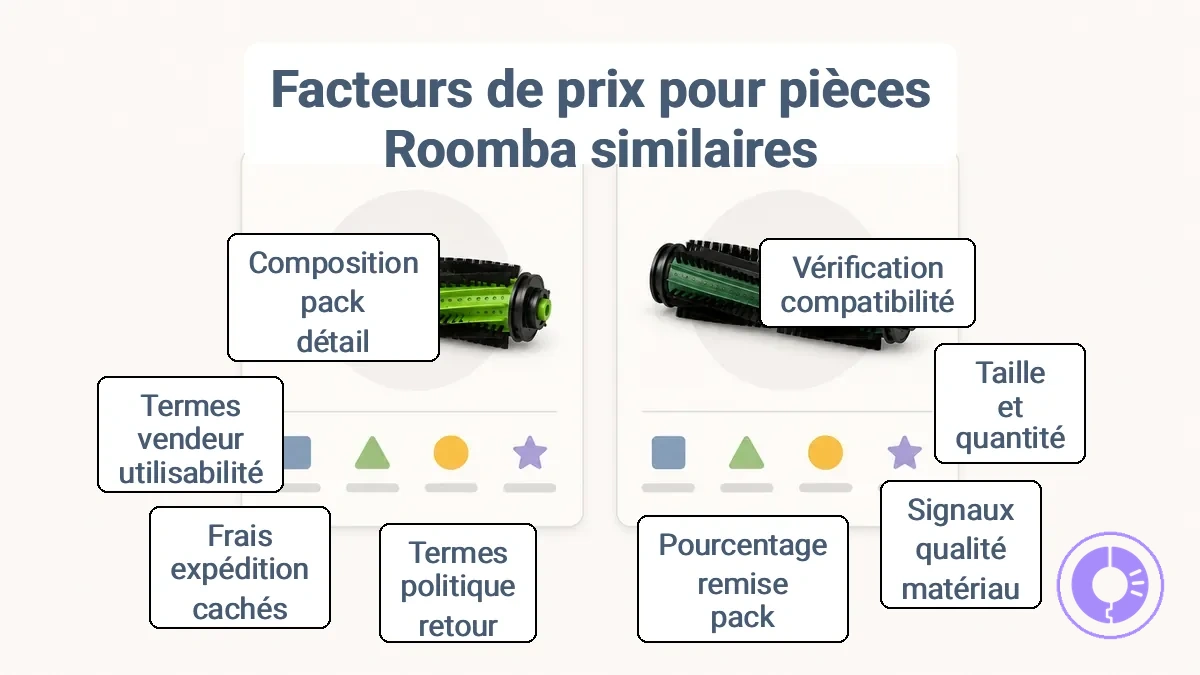 Exemple annoté montrant les champs d'annonce clés qui influencent les comparaisons de rapport coût-valeur des pièces Roomba.