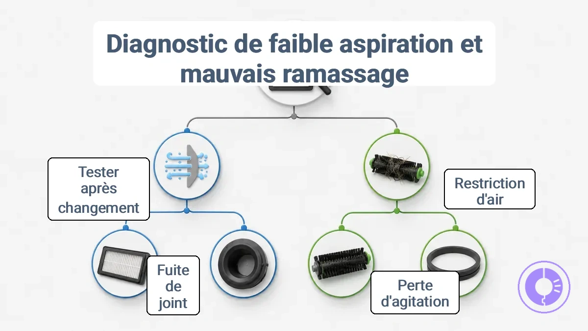 Organigramme de diagnostic montrant les symptômes de faible aspiration et mauvaise collecte avec des branches vers les attributs de flux d'air ou d'agitation et menant aux familles de pièces filtre, rouleau ou joint avec une mention de vérification prioritaire.
