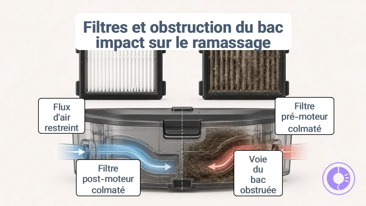 Filtre d aspirateur propre versus obstrué montrant la restriction du flux d air