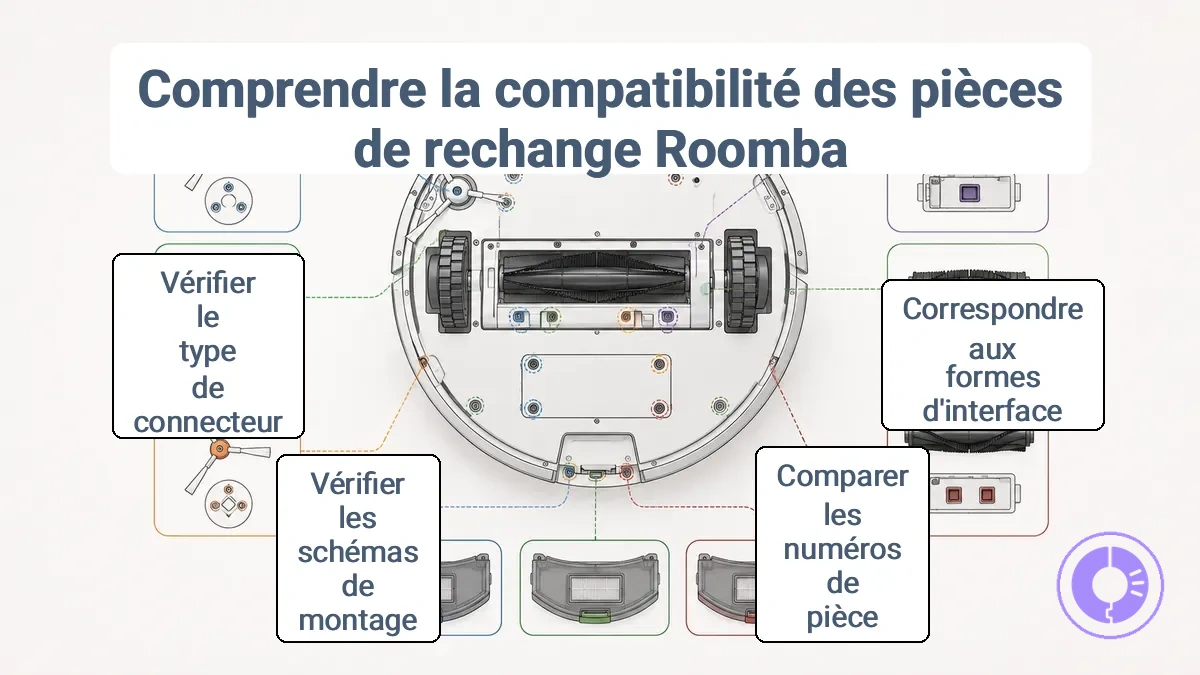 Schéma de compatibilité des pièces détachées Roomba avec points de montage et connecteurs spécifiques aux séries