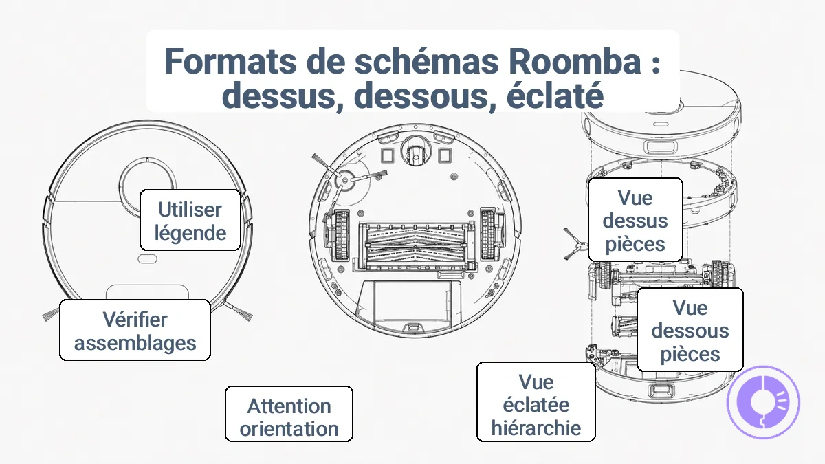Comparaison des formats de schémas des pièces Roomba : vue de dessus, vue de dessous et vue éclatée.