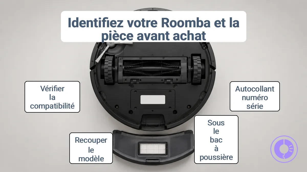 Emplacement de l autocollant du numéro de série sous le bac à poussière d un aspirateur Roomba