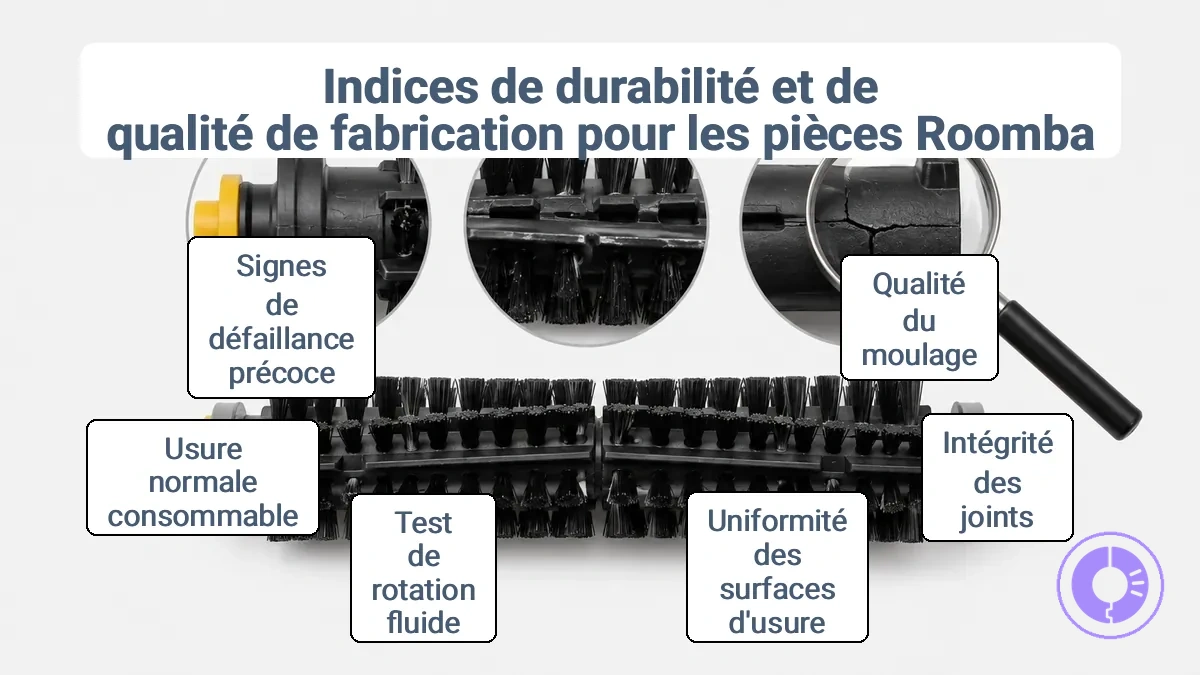 Gros plan annoté montrant la régularité du moulage, l'intégrité des joints et les indices de surface d'usure pour la durabilité des pièces de rechange Roomba.