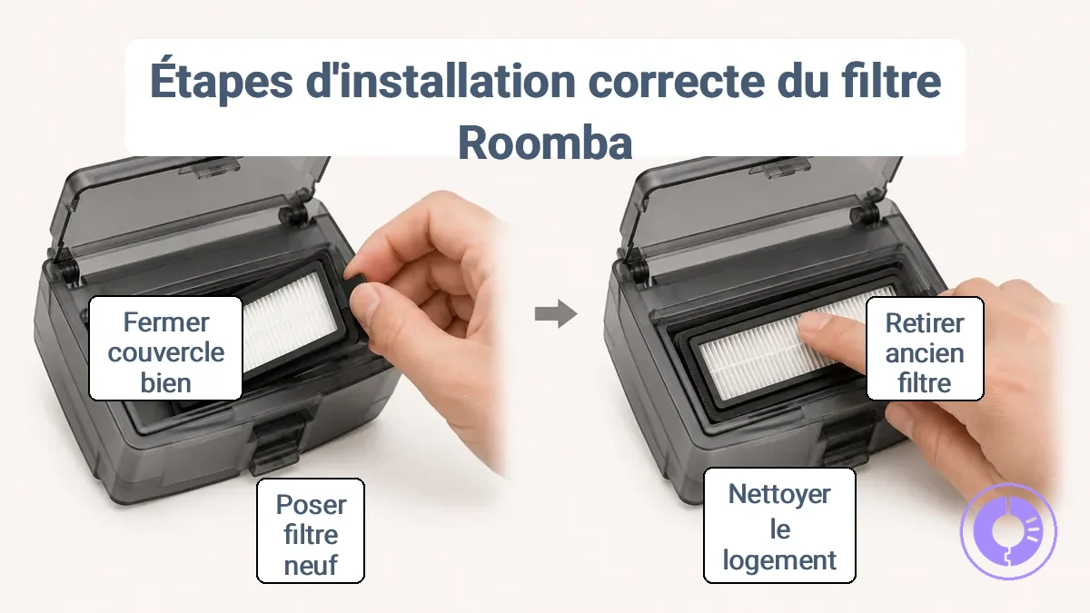 Vue étape par étape du retrait et de la mise en place à plat d'un filtre de remplacement Roomba pour une étanchéité parfaite.