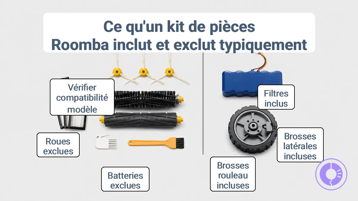 Exemple annoté des pièces détachées Roomba courantes incluses dans un kit typique et remarques sur les éléments pouvant être exclus.
