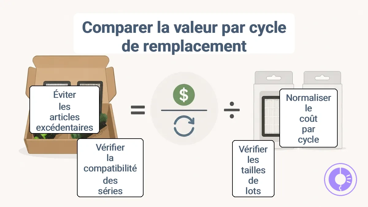 Diagramme montrant comment le prix d'un lot est divisé par les cycles de remplacement utilisables pour calculer la valeur par cycle