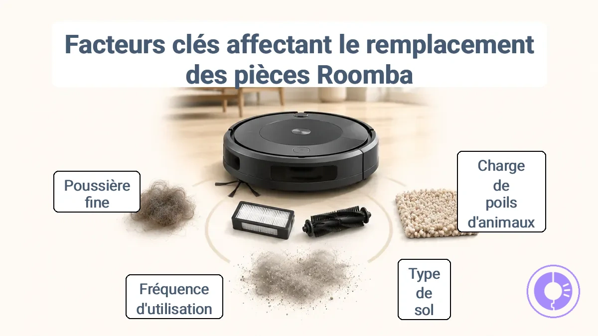 Comparaison des conditions domestiques qui modifient la fréquence de remplacement des pièces Roomba (animaux, sols, fréquence de fonctionnement).