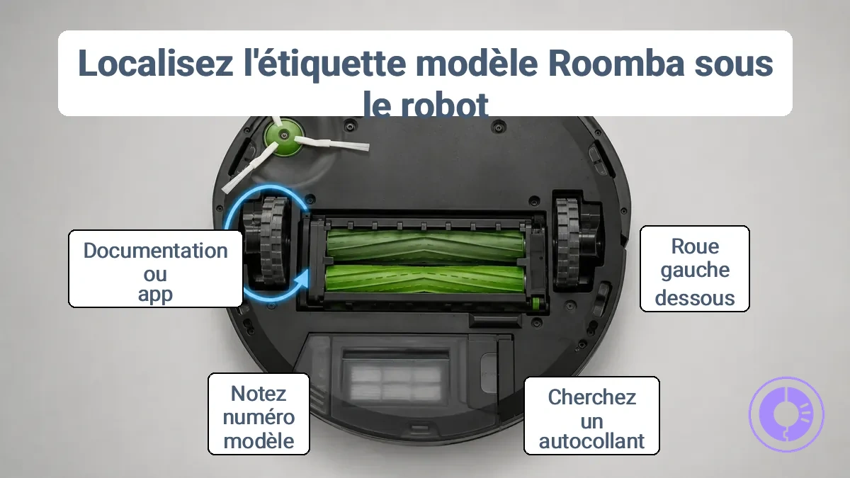 Face inférieure du Roomba montrant l étiquette du modèle près de la roue gauche, avec un cartouche pointant vers la zone de l étiquette.