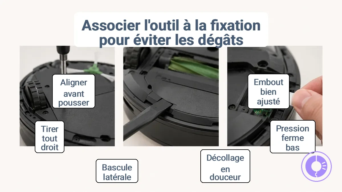 Photo annotée montrant des exemples de fixations, clips et connecteurs Roomba pour éviter le foirrage ou la casse