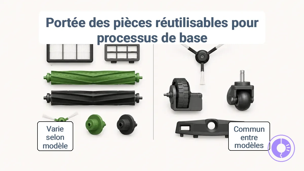 Pièces Roomba courantes remplaçables par l utilisateur avec variation des étapes d accès selon le modèle