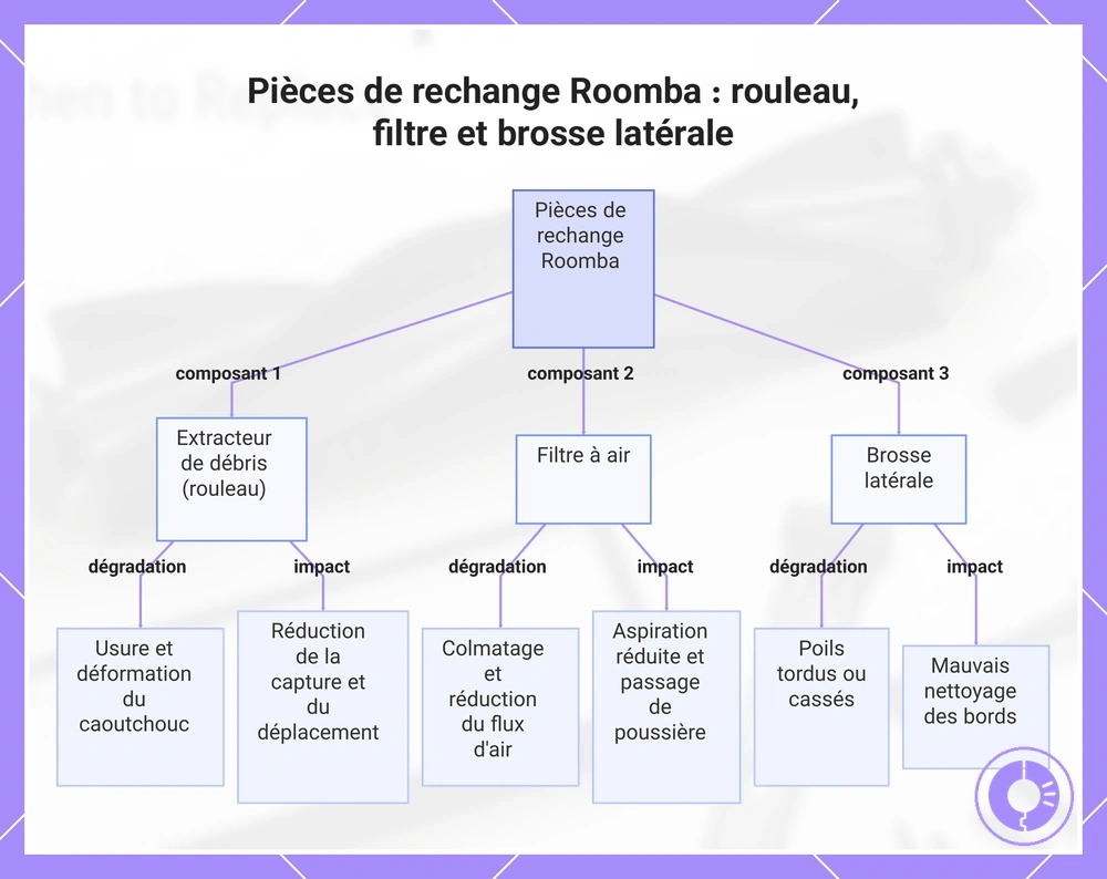Pièces de rechange Roomba : rouleau, filtre et brosse latérale