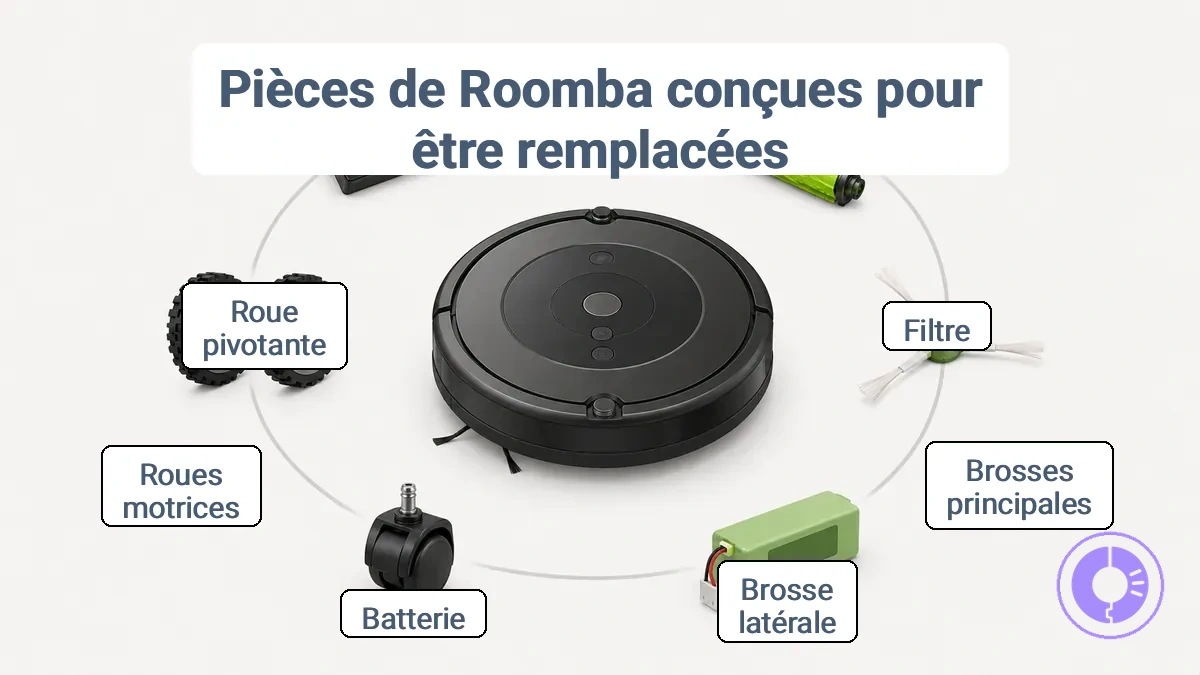 Schéma des pièces de rechange courantes Roomba : filtre, brosses, brosse latérale, roues et batterie avec repères pour chaque emplacement