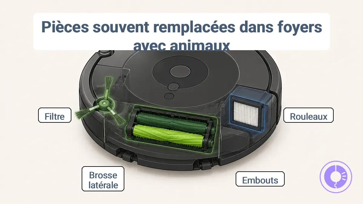 Diagramme annoté montrant les emplacements des rouleaux, de la brosse latérale et du filtre Roomba pour l entretien des poils d animaux