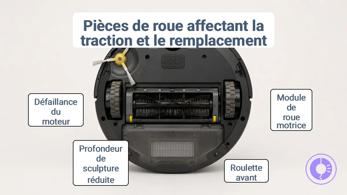 Schéma identifiant le module de roue motrice et la roulette avant sur un Roomba