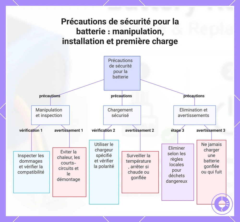 Précautions de sécurité pour la batterie : manipulation, installation et première charge