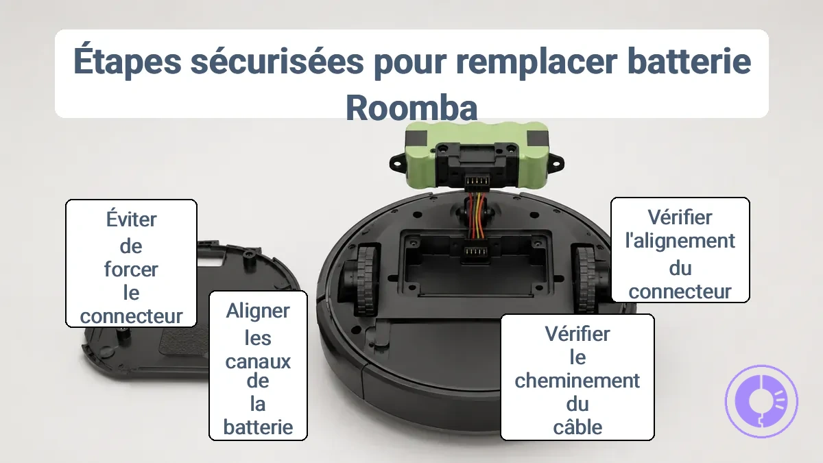 Bloc-batterie Roomba avec connecteur et alignement du compartiment visibles pour un retrait et une installation sécurisés