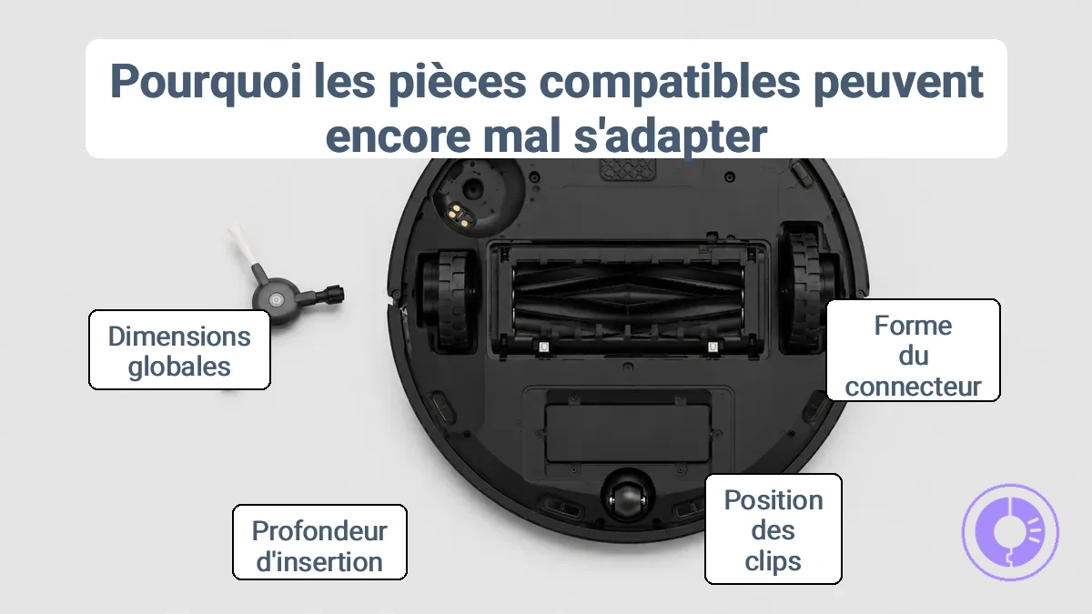 Pièce de rechange Roomba montrant l’alignement du connecteur et des clips pour la vérification de l’ajustement