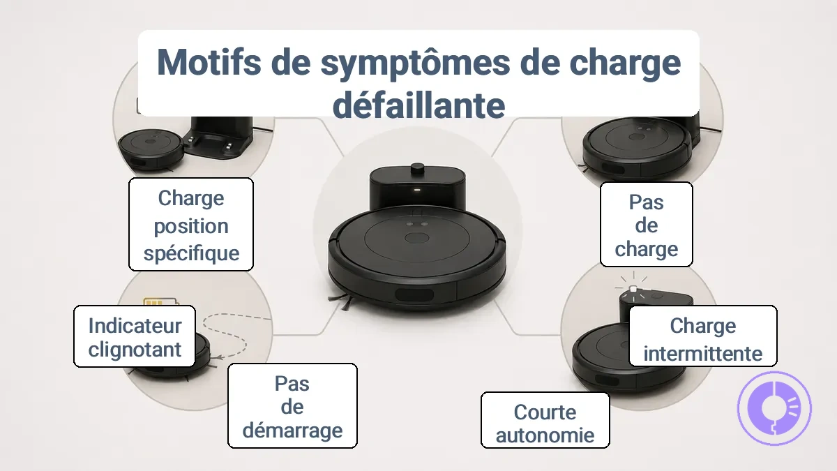 Diagramme reliant les symptômes de charge Roomba aux composants de charge probablement défaillants.