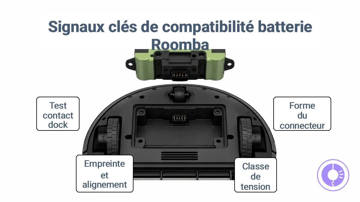 Alignement du connecteur et du compartiment pour la vérification de ladaptation du bloc-batterie Roomba