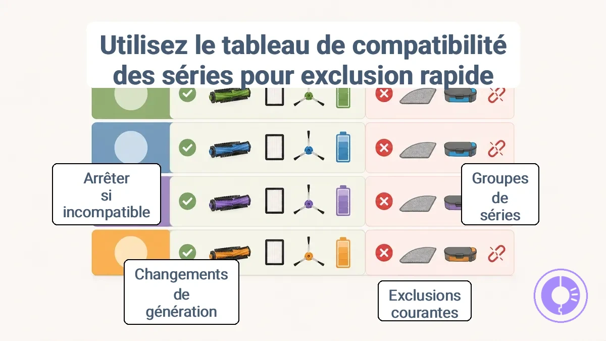 Tableau de compatibilité par série pour les pièces de rechange Roomba montrant les groupes de séries et les exclusions courantes