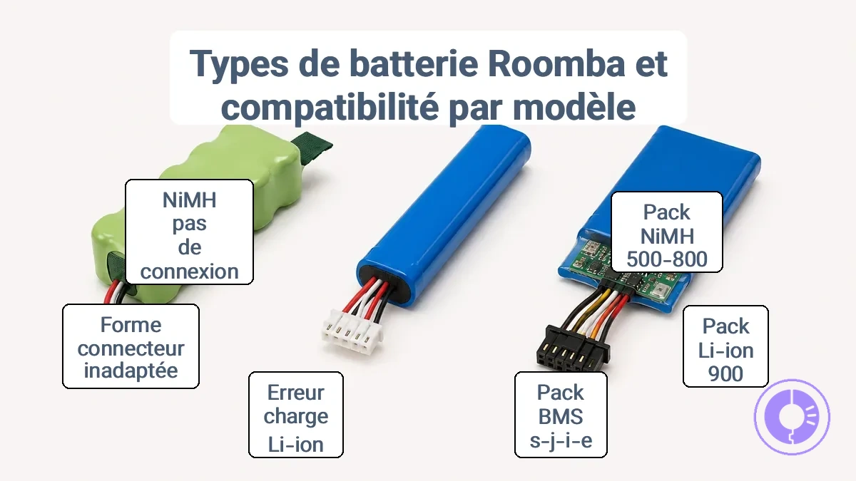 Connecteur et compartiment de batterie Roomba montrant les indices dadaptation