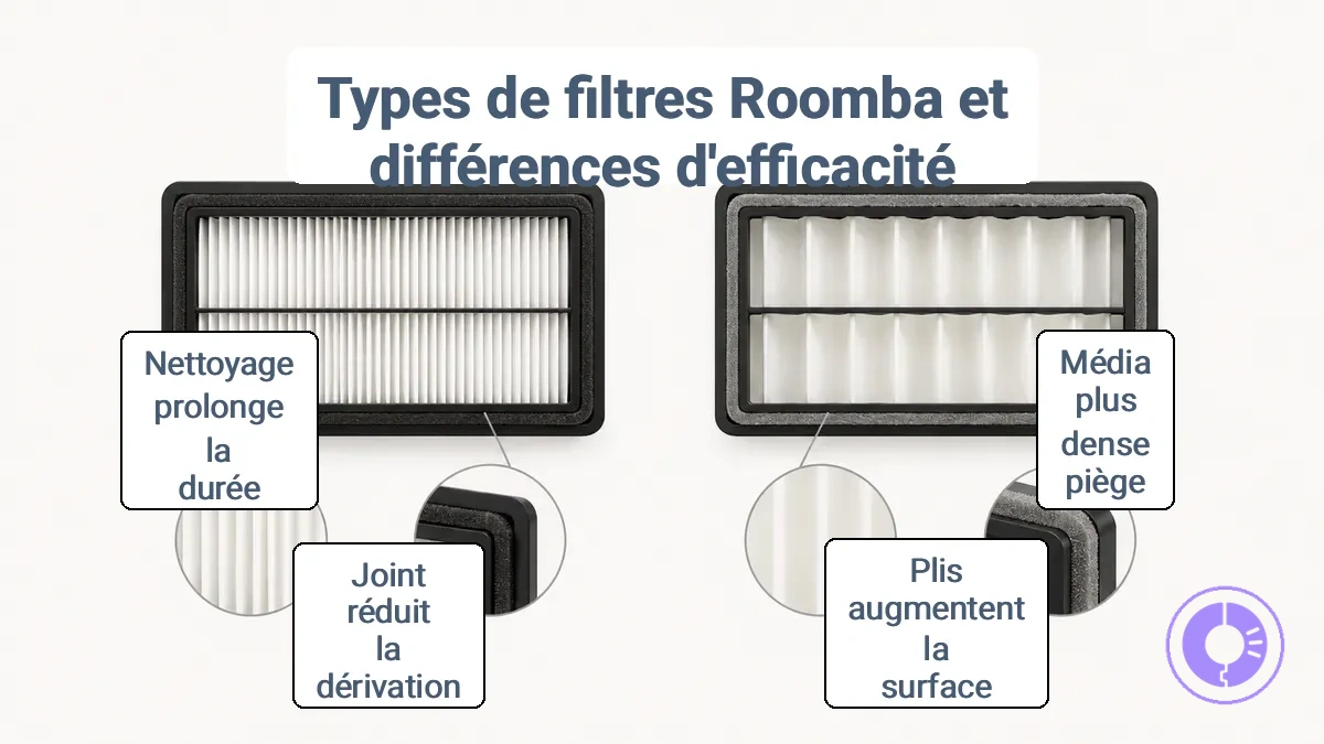 Comparaison des types de filtres de remplacement Roomba montrant la densité du média, les plis et le bord d'étanchéité du cadre.