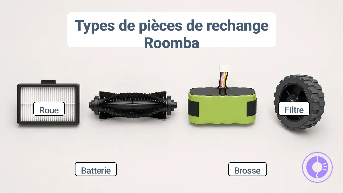 Catégories de pièces détachées Roomba : filtre, brosse, batterie, roue