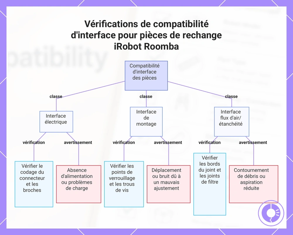 Vérifications de compatibilité d'interface pour pièces de rechange iRobot Roomba